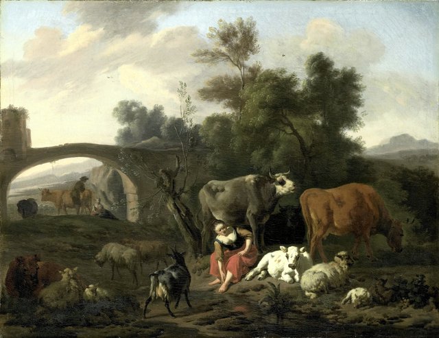 Landscape with herdsmen and cattle by Dirck van der Bergen