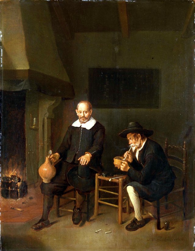 Interior with two men by the fire by Quirijn van Brekelenkam