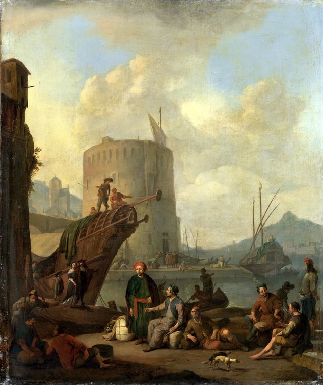 Italian harbor with a fortified tower by Johannes Lingelbach