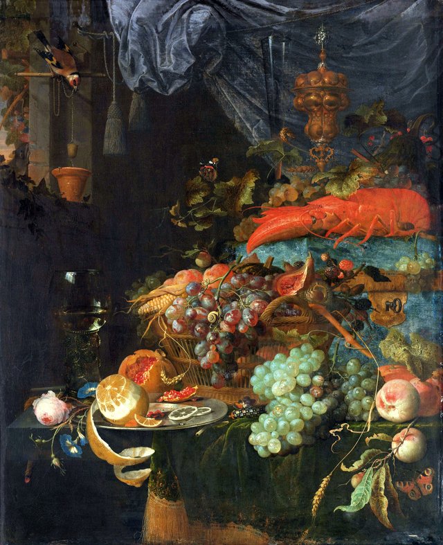 Still life with fruit and a finch drawing water by Abraham Mignon