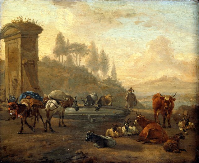 Herd near a fountain by Willem Romeyn