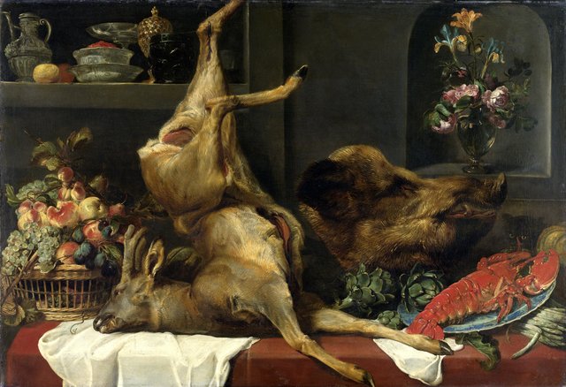 Still life with a deer, a boar's head, fruits and flowers by Frans Snyders
