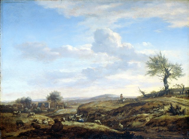 Hilly landscape with high road by Adriaen van de Velde