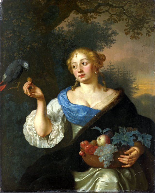 A young woman with a parrot by Ary de Vois