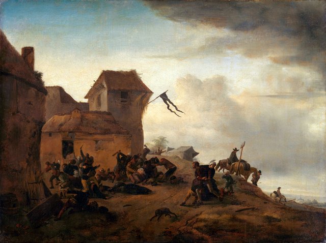 A peasant free-for-all near a village by Philips Wouwerman