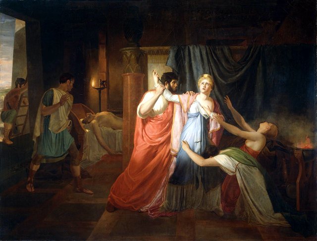 Proculeius preventing Cleopatra from stabbing herself by Jean-Eugène-Charles Alberti
