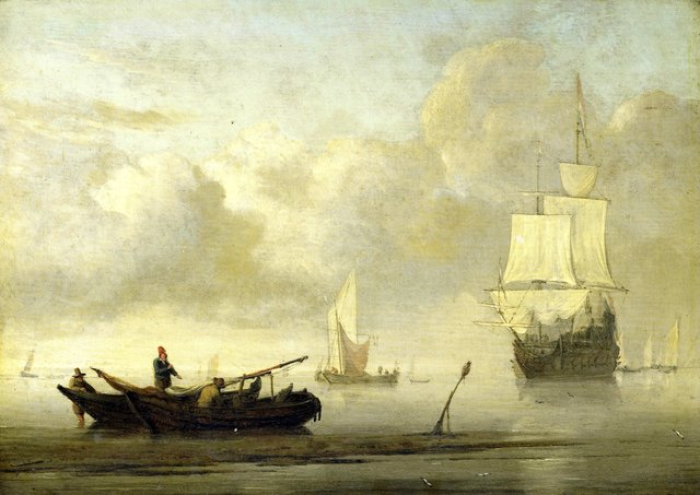 Ships off the coast in calm weather by Willem van de Velde the Younger