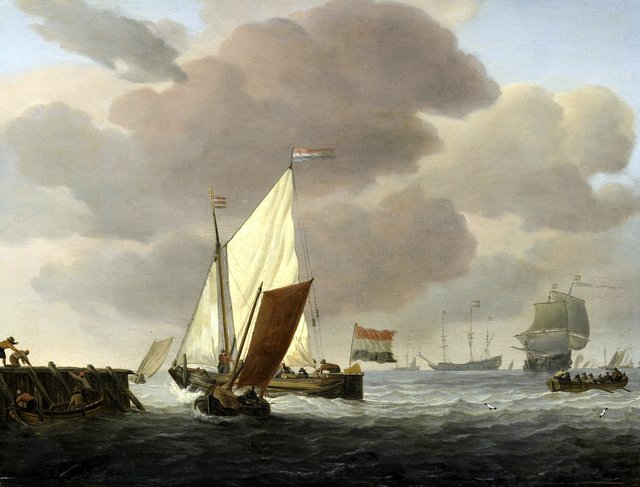 Ships near the shore in a stiff breeze by Willem van de Velde the Younger