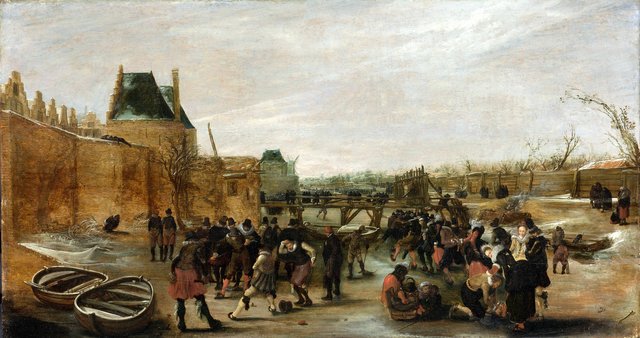 Frolicking on a frozen canal in a town by Hendrick Avercamp