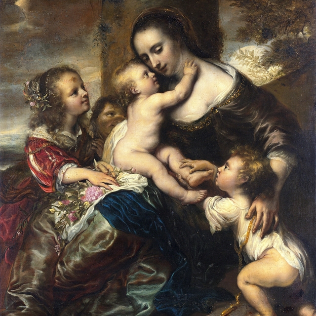 Portrait of a woman with four children, depicted as Caritas by Jürgen Ovens