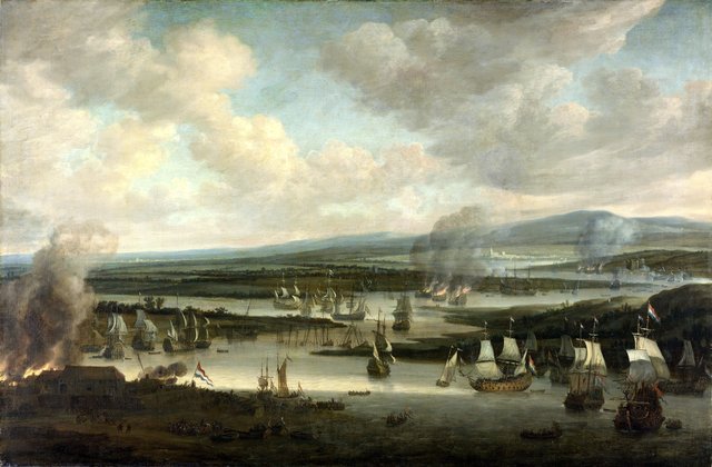 The burning of the English fleet near Chatham, June 1667, during the second Anglo-Dutch war by Willem Schellinks