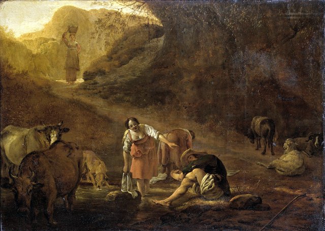 A shepherd and washerwomen at a spring by Pieter van Laer