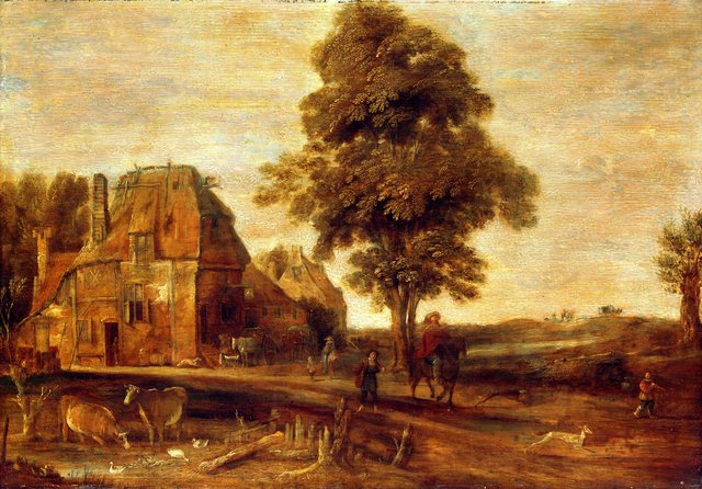 Landscape with watering place by Aert van der Neer