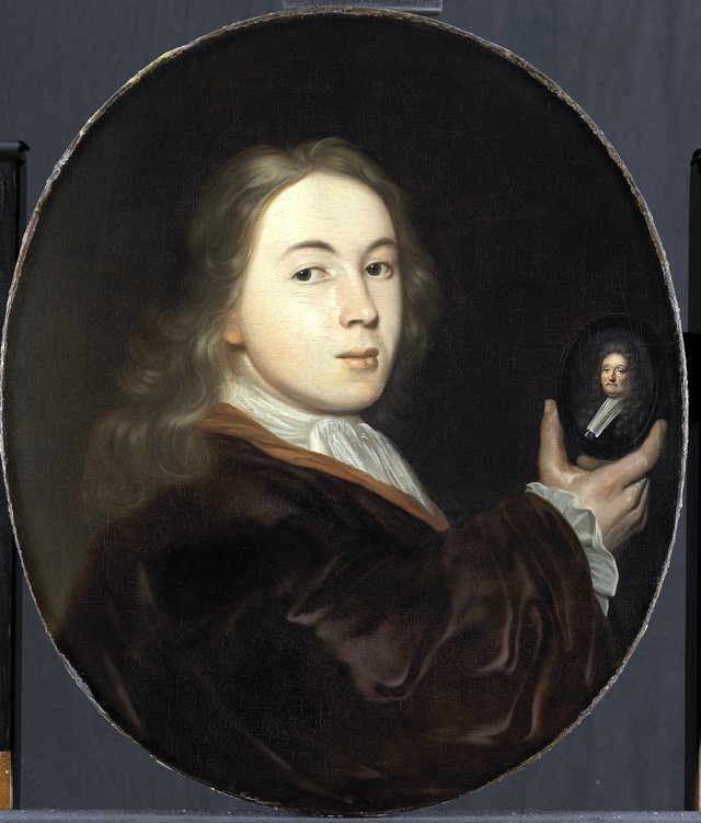 Portrait of Johannes Bakhuysen (1683-1731), with a miniature portrait of his father Ludolf by Ludolf Bakhuizen