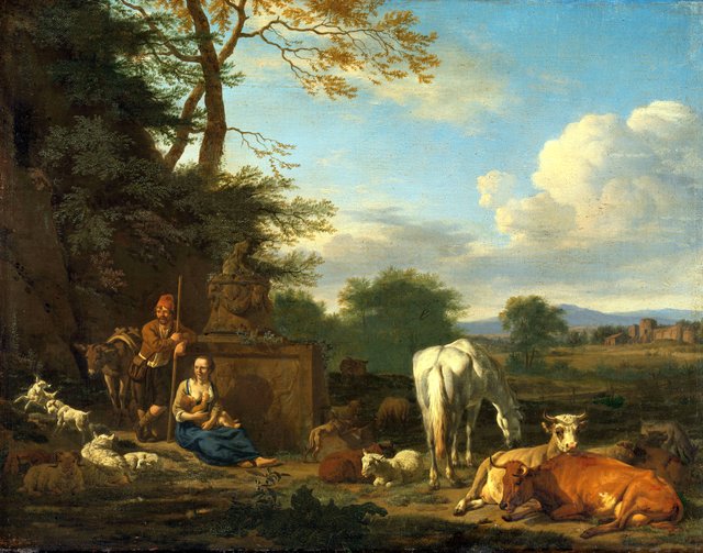 Arcadian landscape with resting herdsmen and cattle by Adriaen van de Velde