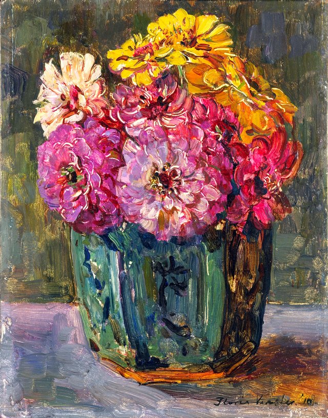 Still Life with Zinnias in a green Jar by Floris Verster