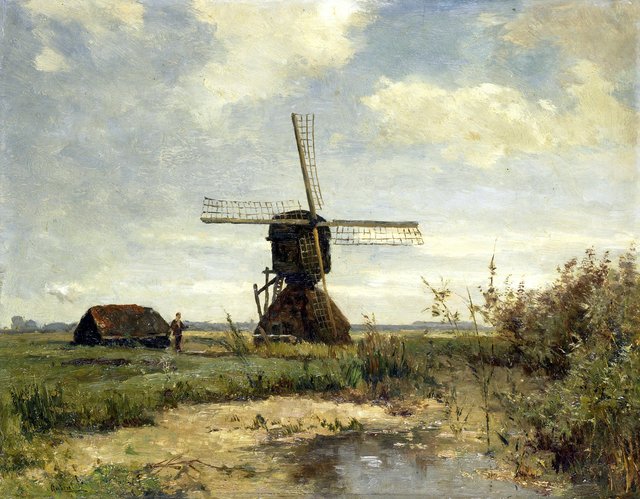 ‘Sunny Day’: a windmill on a watercourse by Paul Joseph Constantin Gabriël