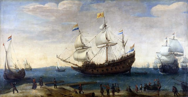 East Indiamen off a coast by Hendrick Cornelisz Vroom
