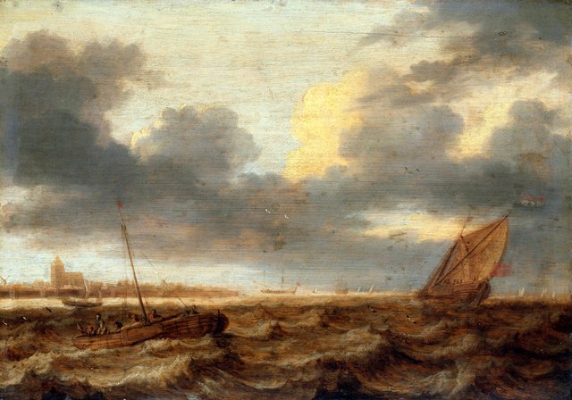 Fishing boats in choppy waters by Jan Porcellis