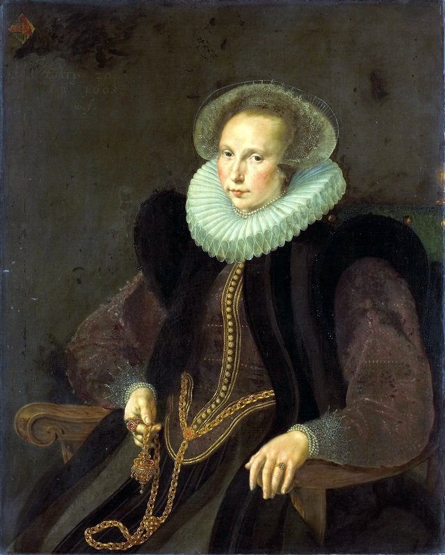 Portrait of Griete Jacobsdr van Rhijn (1585-1652). Wife of Jacob Cornelisz Banjaert, called van Neck by Cornelis Ketel