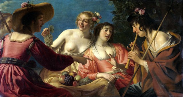Shepherd playing the flute, and four shepherdesses by Gerard van Honthorst