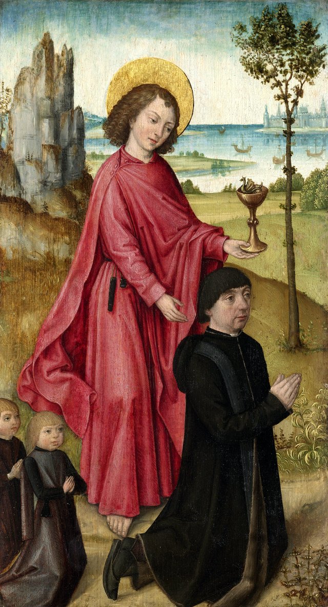 Inner left wing of a triptych with the donor, his two sons and St John the Evangelist by Master of the Bruges Legend of St. Ursula