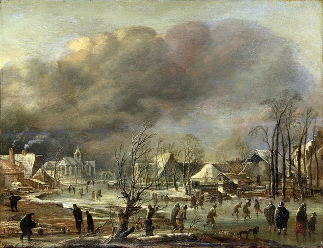 Snowfall on a village beside a frozen canal by Aert van der Neer