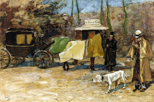 Wachtend rijtuig in een park by Willem de Zwart