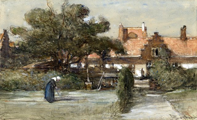 Binnenplaats van het Heilige Geesthofje aan de Palviljoensgracht in Den Haag by Johannes Bosboom