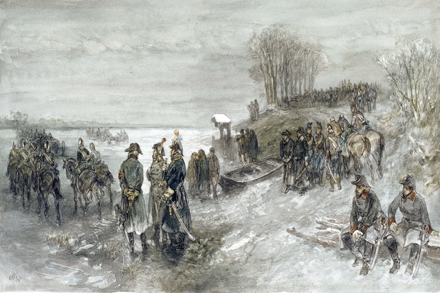 Franse troepen trekken over een bevroren rivier by Charles Rochussen