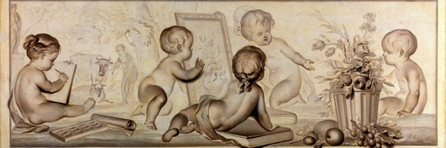 Six Putti with Flowers and Fruit and Attributes of the Art of Drawing by Jurriaen Andriessen