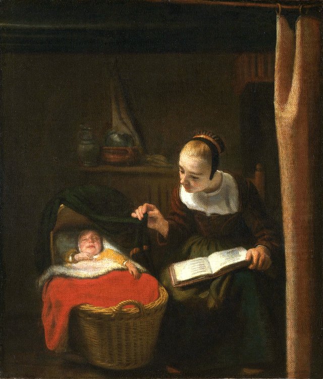 Young woman at the cradle by Nicolaes Maes