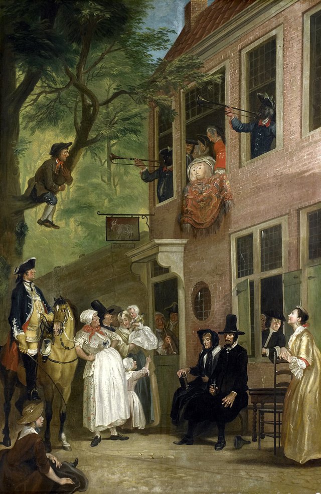 Misled: The Ambassador of the Rascals exposes himself from the window of 't Bokki Tavern in the Haarlemmerhout by Cornelis Troost