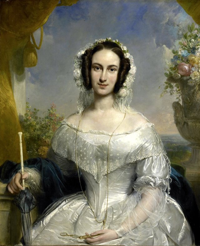Agatha Petronella Hartsen (1814-78). In bruidstoilet ter gelegenheid van haar huwelijk met Jan van der Hoop op 17 maart 1841 by Jan Willem Pieneman