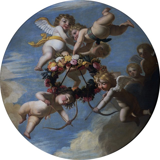 Putti with a wreath of flowers by Gerard van Honthorst
