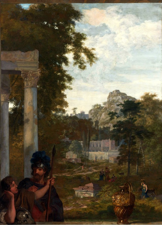 Italian landscape with two Roman soldiers by Johannes Glauber