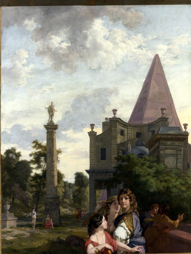 Italian landscape with three women in the foreground by Gerard de Lairesse