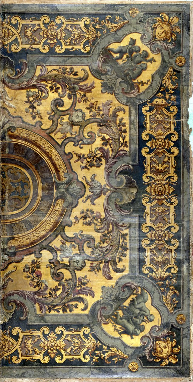 Ornamentale plafondschildering met in de hoeken voorstellingen van putti by Elias van Nijmegen