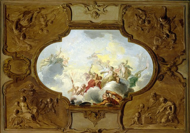 Design for a ceiling piece with Aeneas and the four seasons in the corners by Jacob de Wit