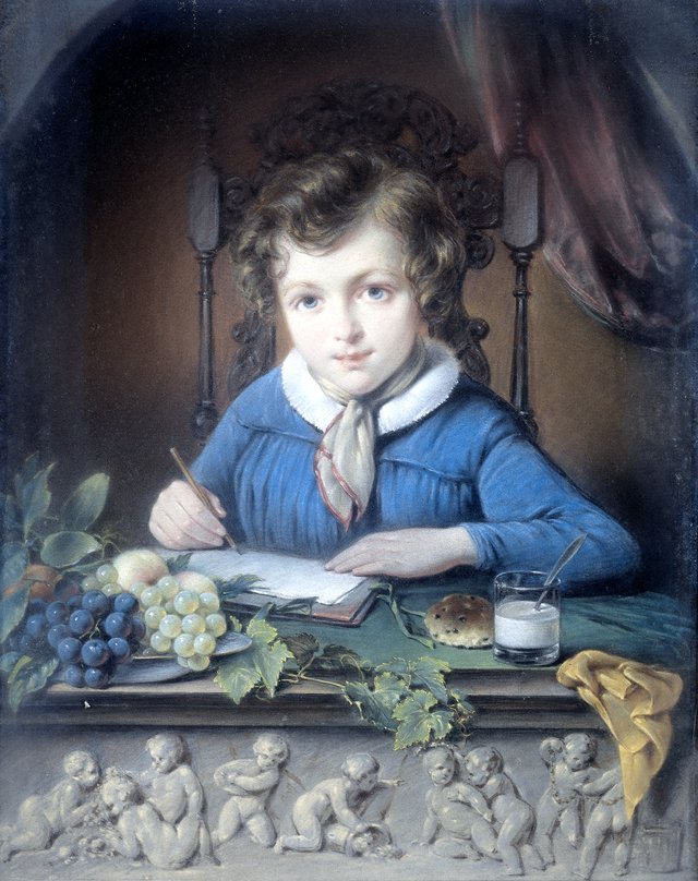 Portrait of a boy sitting at a window by Jean Augustin Daiwaille