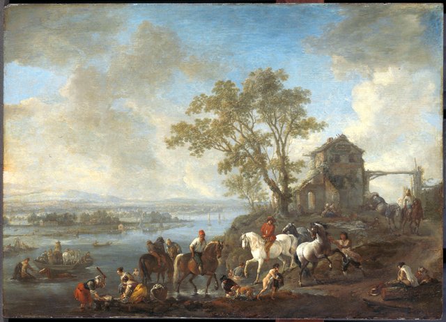 Horsepond on a river by Philips Wouwerman