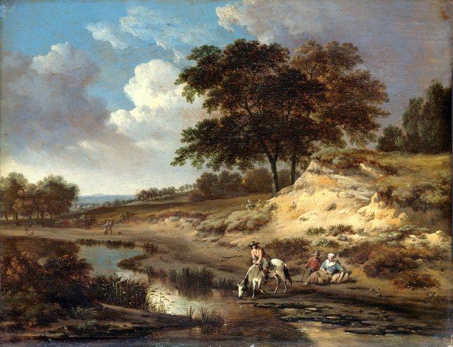 Landscape with a rider watering his horse by Jan Wijnants