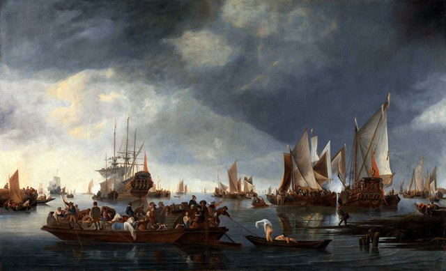Port with sailships and a ferry by Hendrick Dubbels