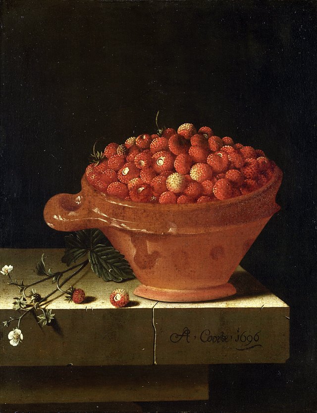 A Bowl of Strawberries on a Stone Plinth by Adriaen Coorte