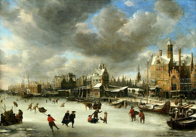 The Paalhuis and the Nieuwe Brug in winter by Jan Abrahamsz Beerstraaten