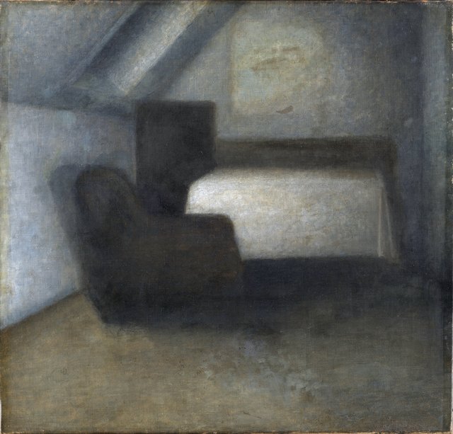 Loftværelse med bord og stol by Vilhelm Hammershøi