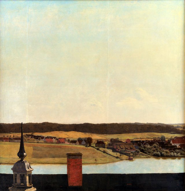 Tagryggen over Frederiksborg Slot med udsigt over sø, by og skov by Christen Købke