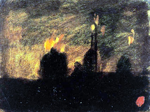 Nattestemning med ildebrande i St-Vast-là-haut nær Valenciennes by Jean-Baptiste Carpeaux