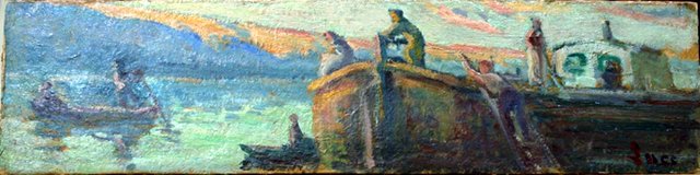 Flodlandskab med pram og både by Maximilien Luce