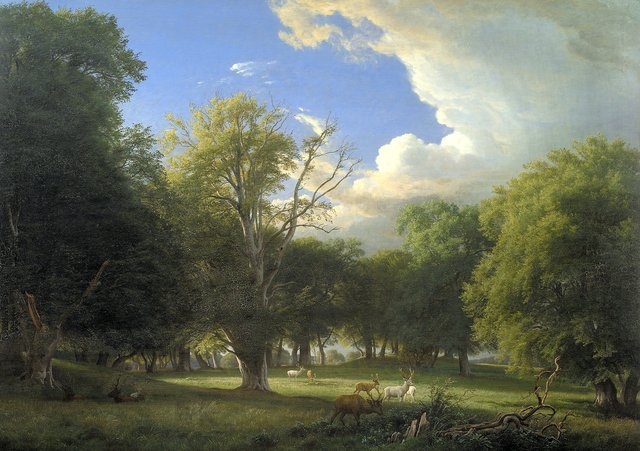 Sommereftermiddag med en bortdragende regnbyge. Jægersborg Dyrehave by P. C. Skovgaard